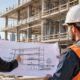 Architect and construction engineer review a building design plan beside a structure under construction.