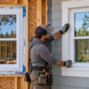A window installer compares a new-construction window in an open framed wall with a replacement window in finished siding.