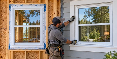 A window installer compares a new-construction window in an open framed wall with a replacement window in finished siding.
