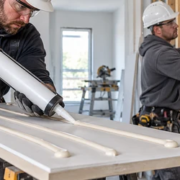 An installer applies a controlled bead of construction adhesive to a clean panel before bonding it to framed wall construction.