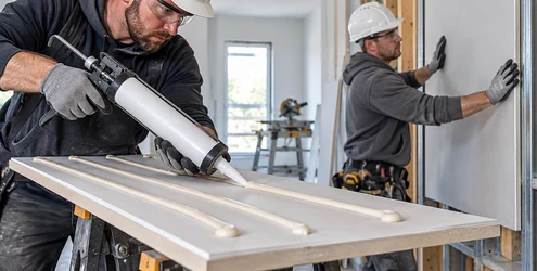 An installer applies a controlled bead of construction adhesive to a clean panel before bonding it to framed wall construction.