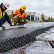 Asphalt berm directing rainwater to a parking lot drain while road crew checks the pavement edge