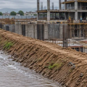 A site engineer checks a berm drain directing stormwater away from an active construction excavation.