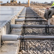 A worker checks the spacing and alignment of dowel bars crossing a concrete slab joint.
