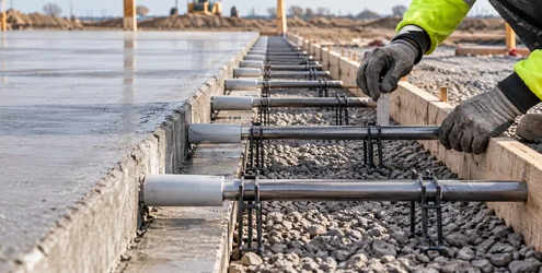 A worker checks the spacing and alignment of dowel bars crossing a concrete slab joint.