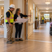 A site consultant and superintendent review a clear accessible corridor with continuous handrails and level thresholds in an assisted living facility under construction.