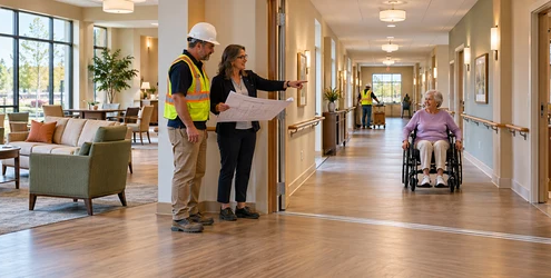 A site consultant and superintendent review a clear accessible corridor with continuous handrails and level thresholds in an assisted living facility under construction.