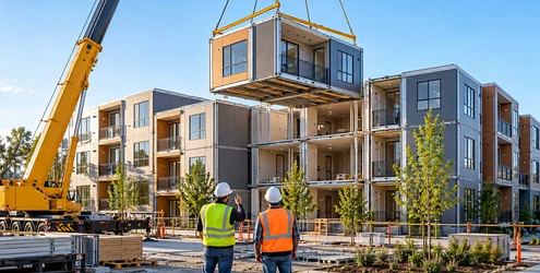Modern modular apartment homes with a crane placing a prefabricated unit at an organized housing construction site.