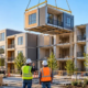 Modern modular apartment homes with a crane placing a prefabricated unit at an organized housing construction site.