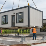 Crane sets a prefabricated modular office building beside site crews preparing connections.
