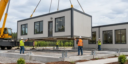 Crane sets a prefabricated modular office building beside site crews preparing connections.