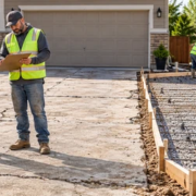 Contractor and homeowner measuring a cracked concrete driveway beside demolition rubble and a reinforced replacement slab