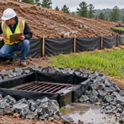 A site inspector checks a silt fence, protected storm drain, and stabilized drainage path at a construction site.
