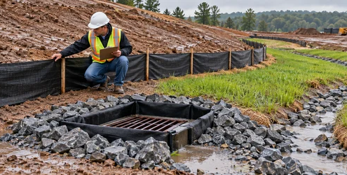 A site inspector checks a silt fence, protected storm drain, and stabilized drainage path at a construction site.