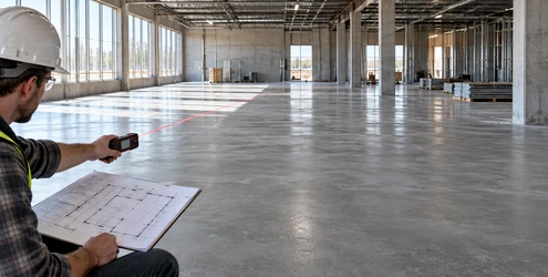 Estimator measuring a concrete floor with a laser meter and project plan