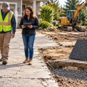 Contractor measures a cracked driveway beside material samples and an exposed compacted base
