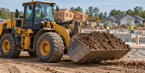 Front loader moving soil across a construction site during foundation preparation