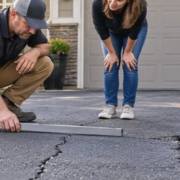 Paving contractor inspects a driveway crack and small settled asphalt section before planning a targeted repair.