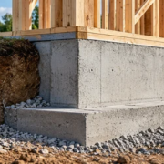 Concrete stem wall connecting a raised house foundation to the framed exterior walls