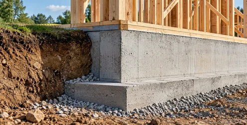 Concrete stem wall connecting a raised house foundation to the framed exterior walls