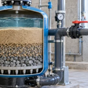 Technician checks clear outlet water beside a cutaway sand filter showing sand and gravel layers.