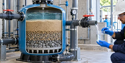 Technician checks clear outlet water beside a cutaway sand filter showing sand and gravel layers.