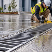A worker checks a linear trench drain grate as rainwater flows across a paved loading area.