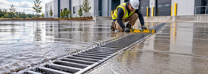 A worker checks a linear trench drain grate as rainwater flows across a paved loading area.