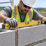 Mason checks a level concrete block wall during center-block construction.