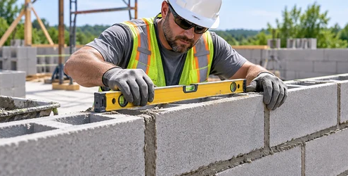 Mason checks a level concrete block wall during center-block construction.