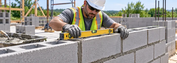 Mason checks a level concrete block wall during center-block construction.