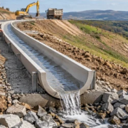 Engineer checks a semicircular half-pipe slope drain carrying runoff from a graded road embankment into a protected outlet.
