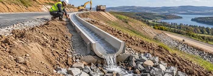 Engineer checks a semicircular half-pipe slope drain carrying runoff from a graded road embankment into a protected outlet.