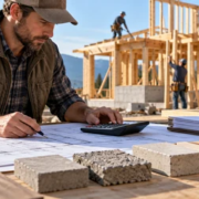 Construction estimator comparing plans and material costs while preparing a project budget