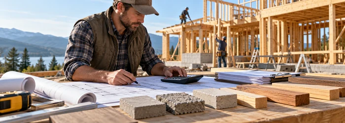 Construction estimator comparing plans and material costs while preparing a project budget