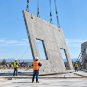 Crane lifts a precast concrete wall panel into place during tilt-up building construction.