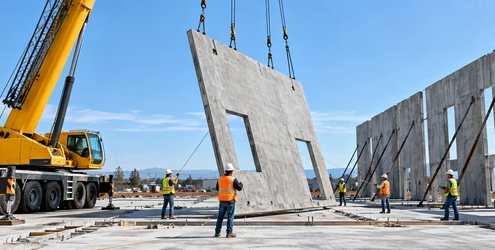 Crane lifts a precast concrete wall panel into place during tilt-up building construction.