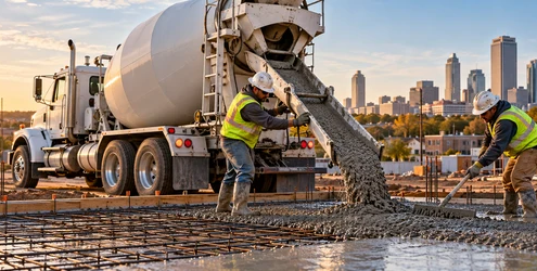 Ready-mix concrete truck pours a reinforced slab as workers guide the placement at a building site.