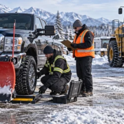 Fleet supervisor checking a pickup snow plow on axle scales beside a heavier loader-mounted plow