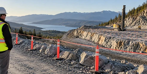 Construction supervisor maintaining a safe exclusion zone at a controlled rock excavation site