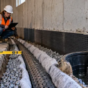 A basement contractor checks the slope of an interior French drain beside the foundation wall as perforated pipe and washed stone carry water to a sump.