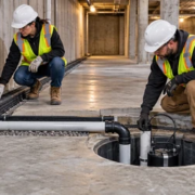 A civil engineer inspects an interior perimeter drainage channel leading to an accessible sump basin in a below-grade concrete building.