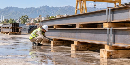 Site worker checks timber dunnage blocks supporting stored steel beams to keep materials separated and protected off the ground.
