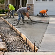 Crew smooths a new concrete driveway beside the old cracked slab and compacted replacement base.