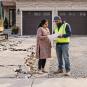 A contractor and homeowner review a two-car driveway replacement as damaged pavement is removed and a new gravel base is prepared