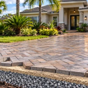 Installer lays interlocking driveway pavers over a compacted stone base outside a Florida home.