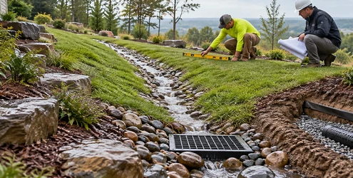 A landscape crew checks a rock-lined swale and French drain that route runoff down a sloped yard into a catch basin.