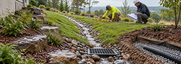 A landscape crew checks a rock-lined swale and French drain that route runoff down a sloped yard into a catch basin.