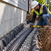 A civil engineer checks a perforated French drain in washed gravel beside a basement foundation, with the pipe sloping toward a safe catch basin.