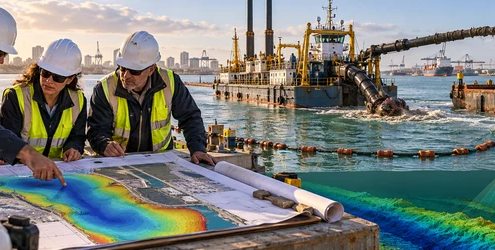 An estimator and marine engineer review a harbor depth survey while a dredger removes sediment into a containment area.